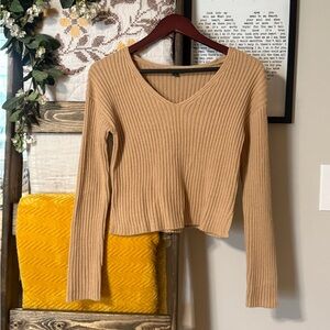 Wild Fable Ribbed V-Neck Long Sleeve Top - Tan